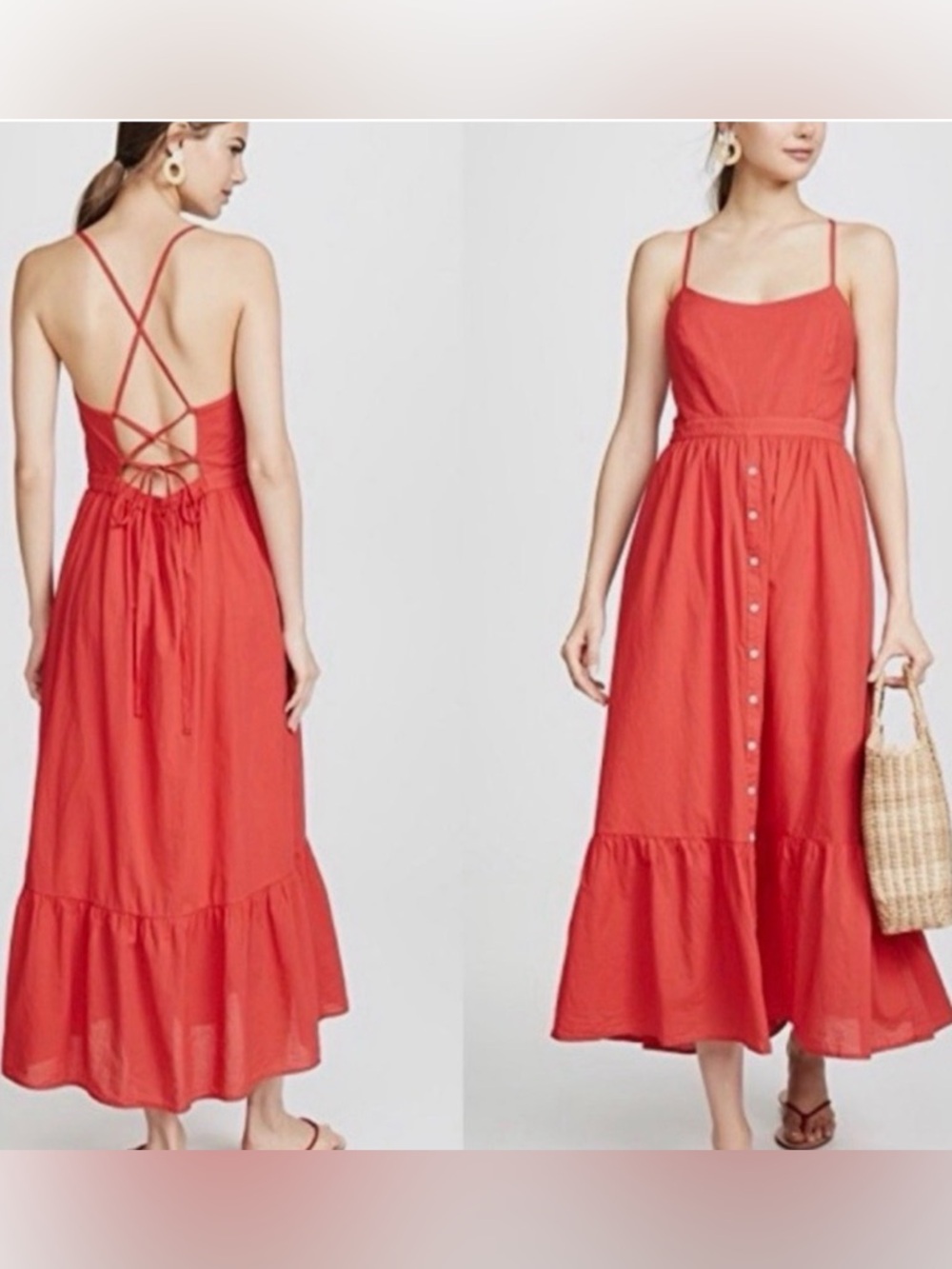 Xirena Lena Poppy Red Strappy Button-Front Midi Sundress